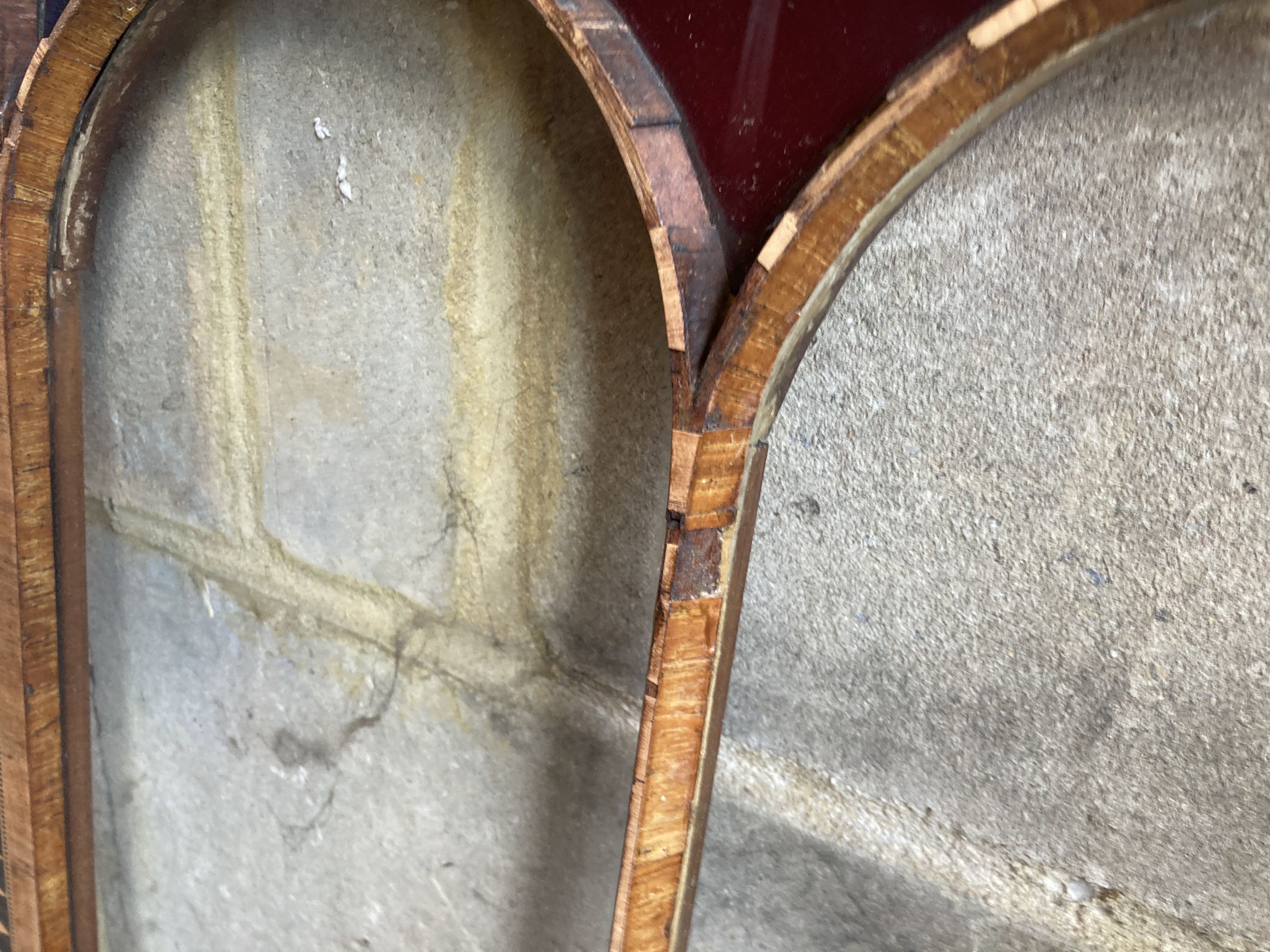 A pair of Victorian inlaid part stained glass cabinet doors, each door width 49cm, height 92cm